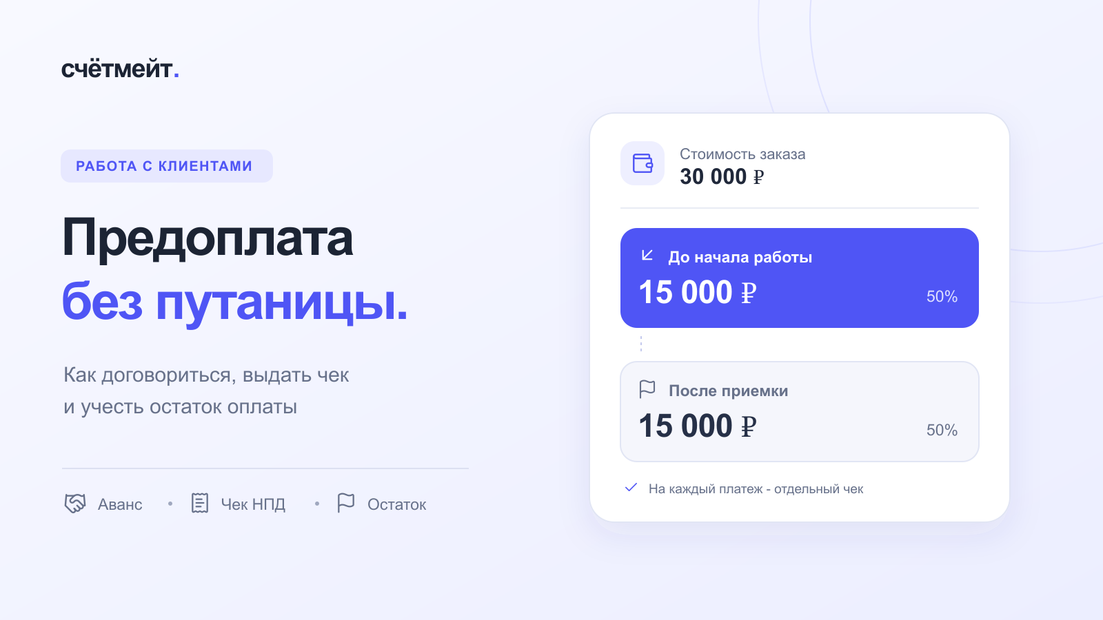 Предоплата и остаток по 15 000 рублей для заказа на 30 000 рублей, фирменные иконки кошелька, работы и чека счётмейта.